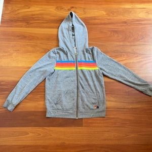5 STRIPE HOODIE - HEATHER GREY // NEON RAINBOW
